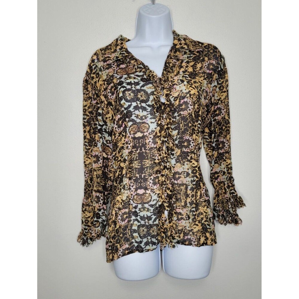 Le Caviar abstract grunge artsy button front fringe maximalist top size large